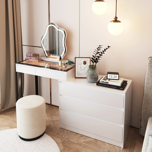 Ivy Bronx Keyshia Vanity with Lighted Mirror, Glass Top, Wireless